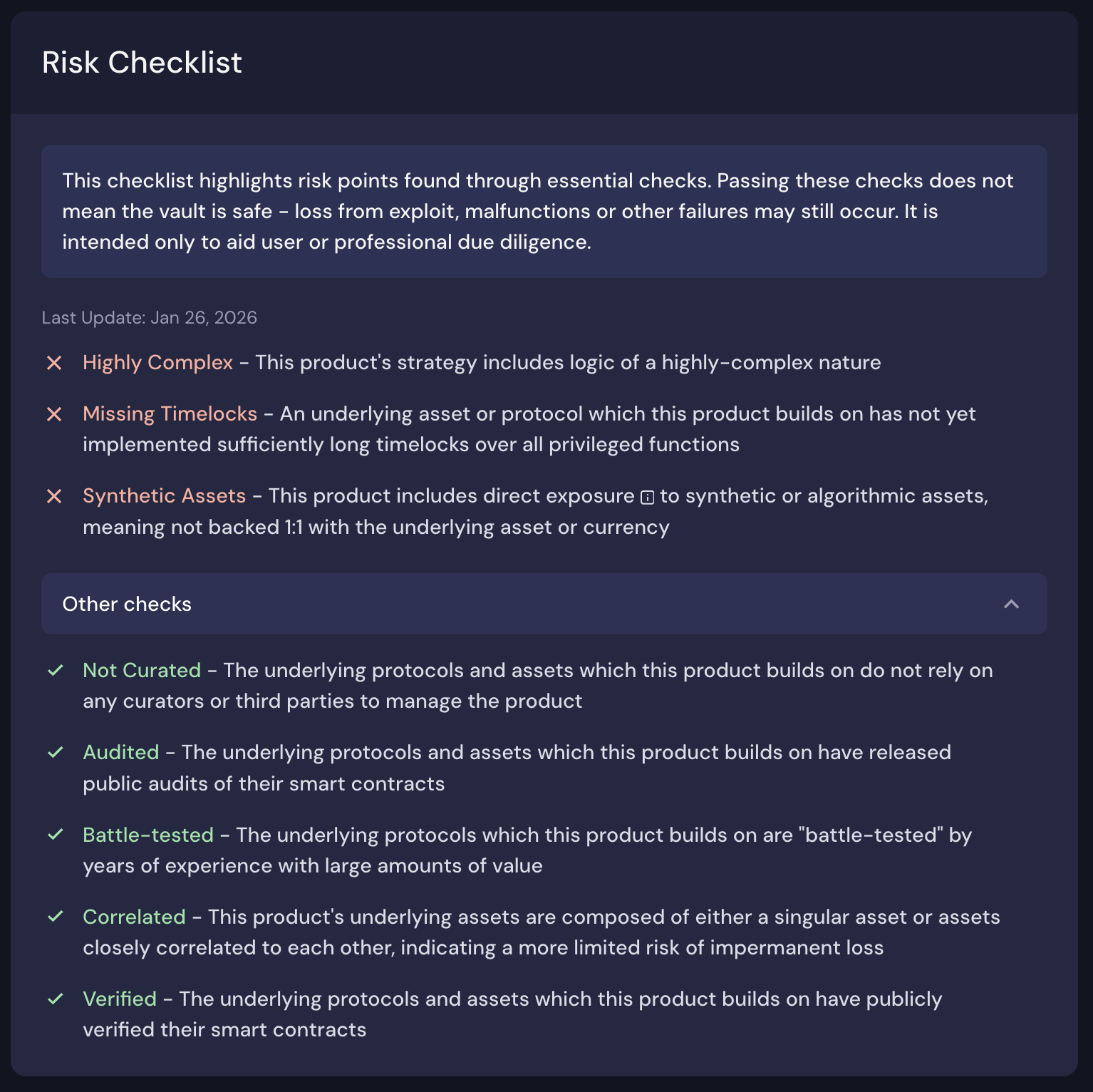 Screenshot of the Beefy Risk Checklist on the Beefy web application when extended to show all checks performed.